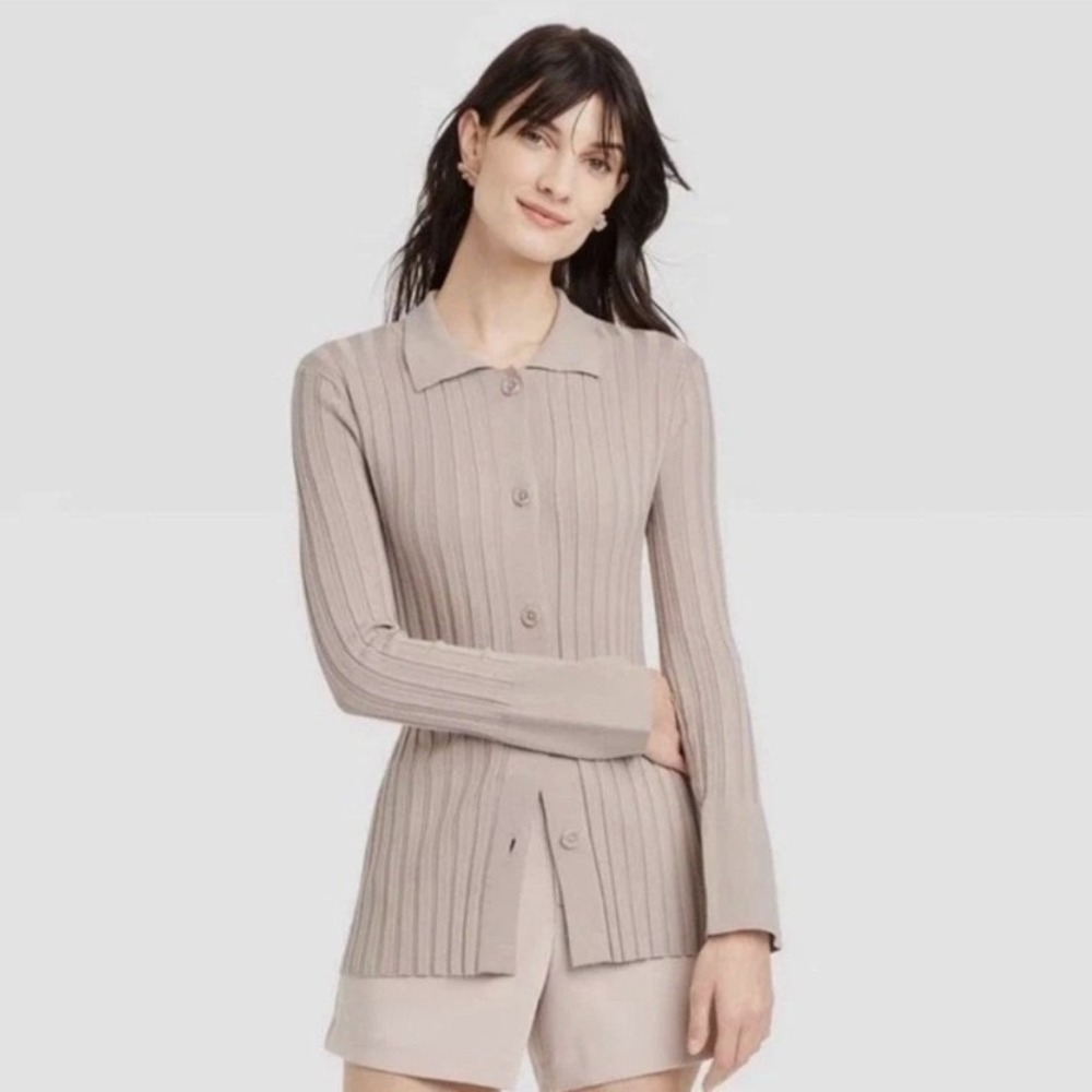 a‎ new day Women's Cardigan XS Tan Ribbed Button Front Bell Sleeve Sweater New
